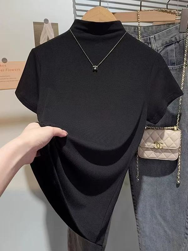 半高领甜辣风精致冰丝T恤秋冬韩版修身时尚打底衫ins洋气显瘦t恤