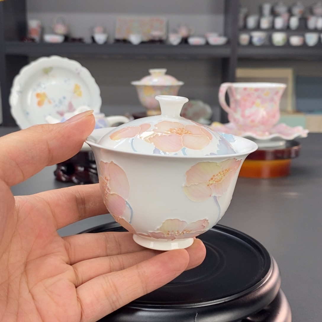 虞美人品茗杯手绘釉下高温