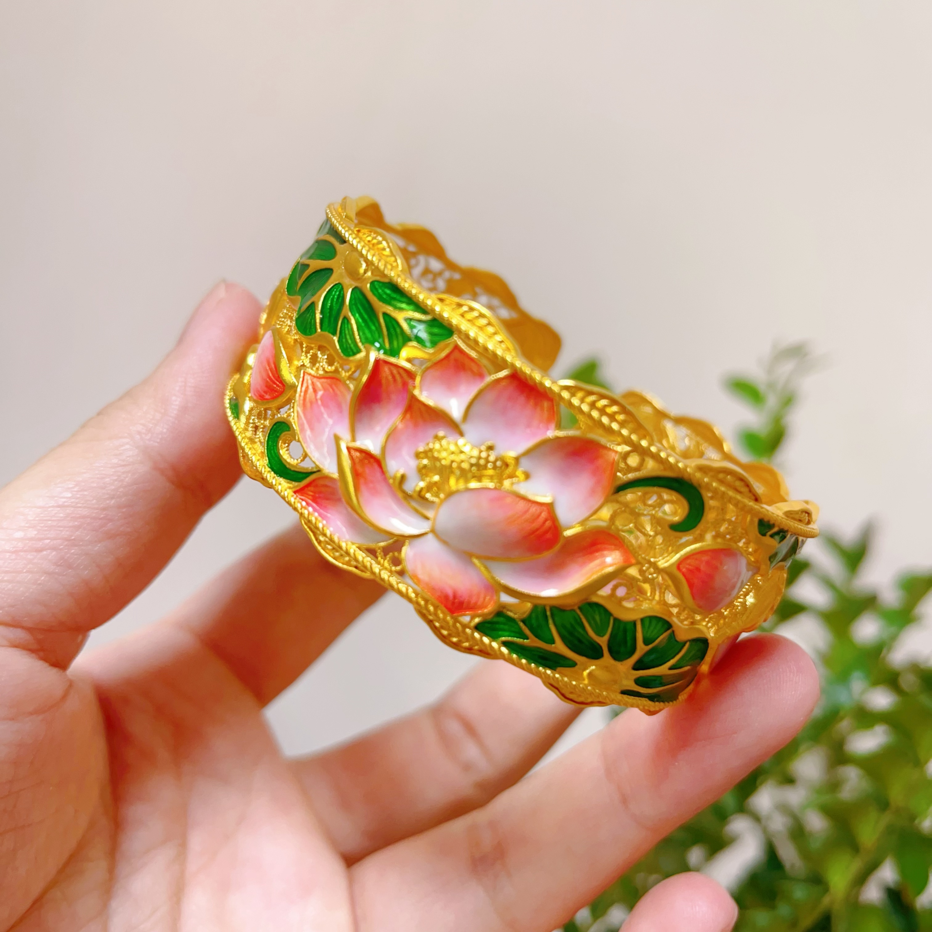 足银珐琅手镯 重工珐琅大荷花开口手镯时尚精美镯子烧蓝复古