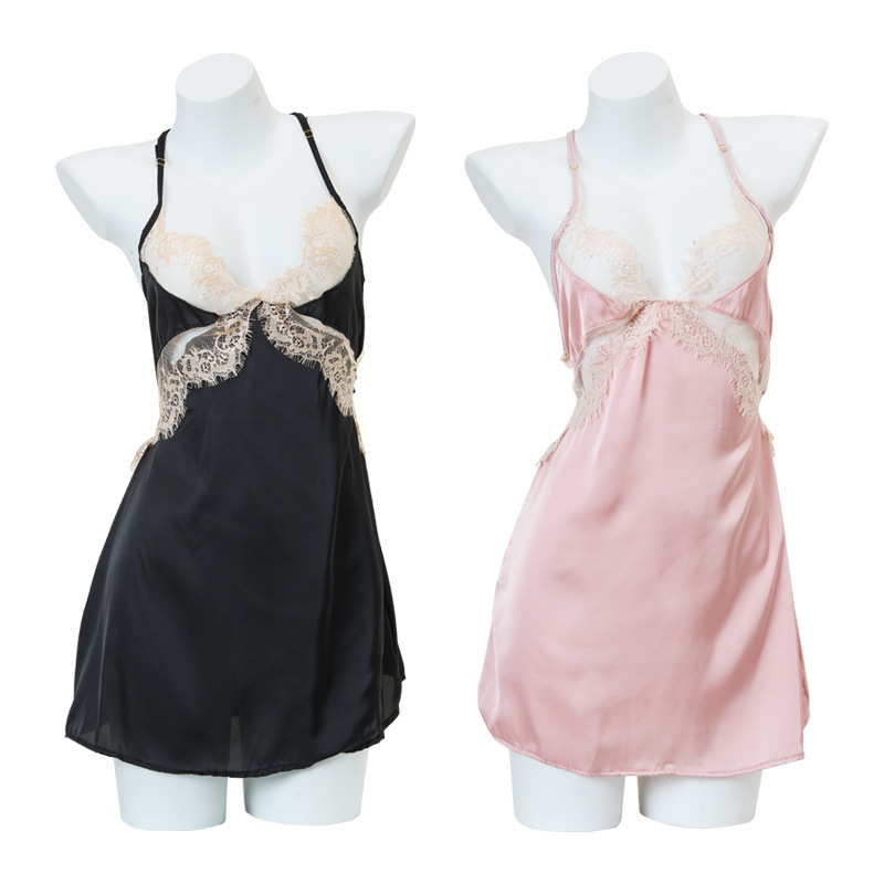 【枕小眠】{怦然心动}网红女薄款冰丝感吊带睡裙蕾丝诱人连衣裙