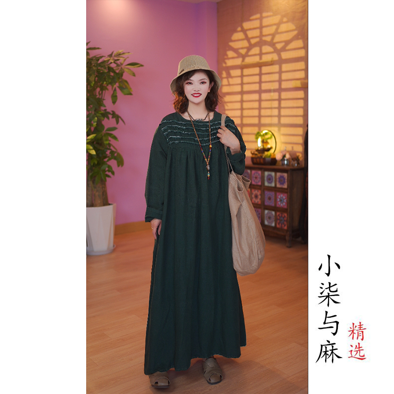 【小柒与麻】纯色圆领褶皱拉毛长款裙袍（衣长115胸围160）