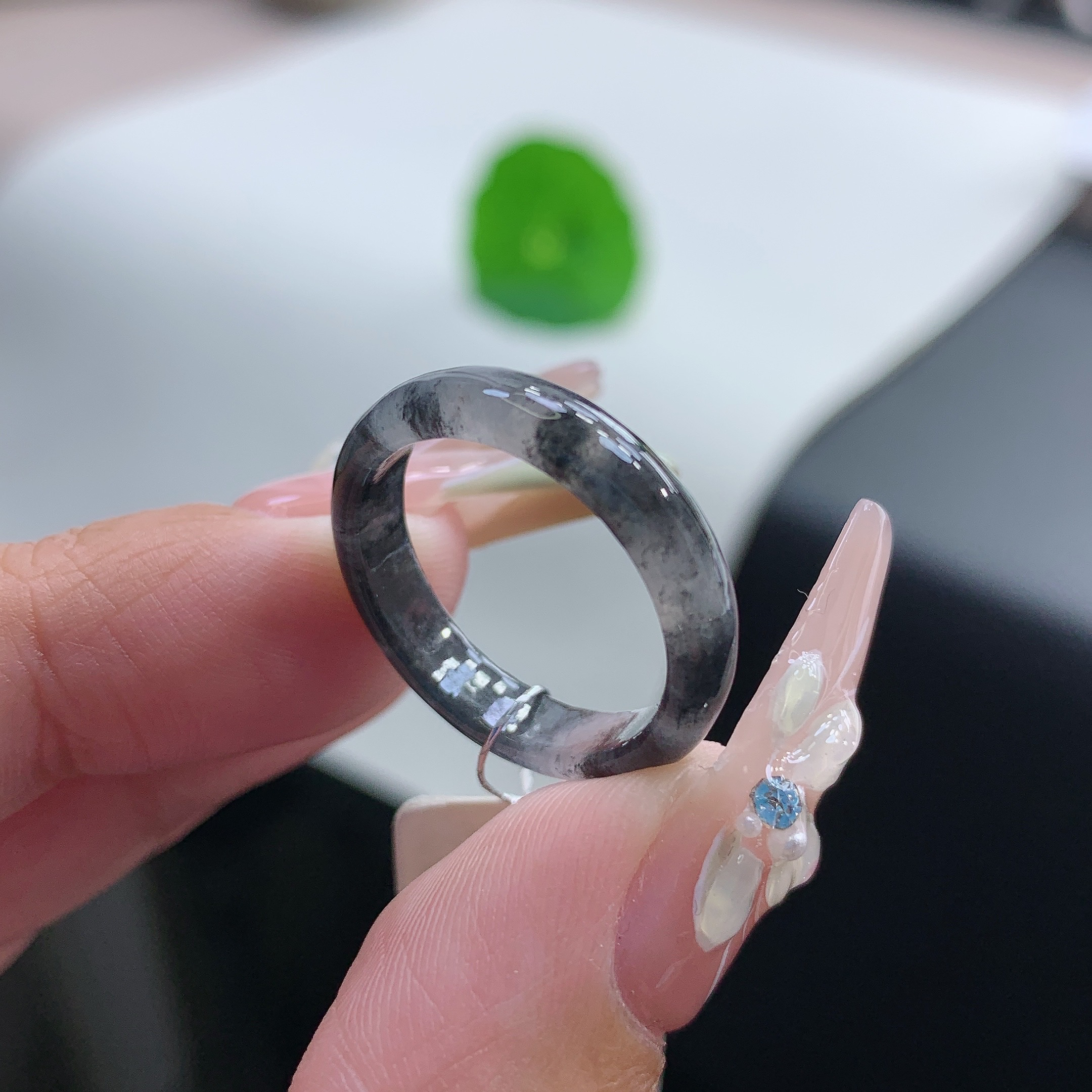 14-15号 缅甸天然A货 水墨丹青冰乌鸡翡翠指环戒指内径17-4.2-2.5
