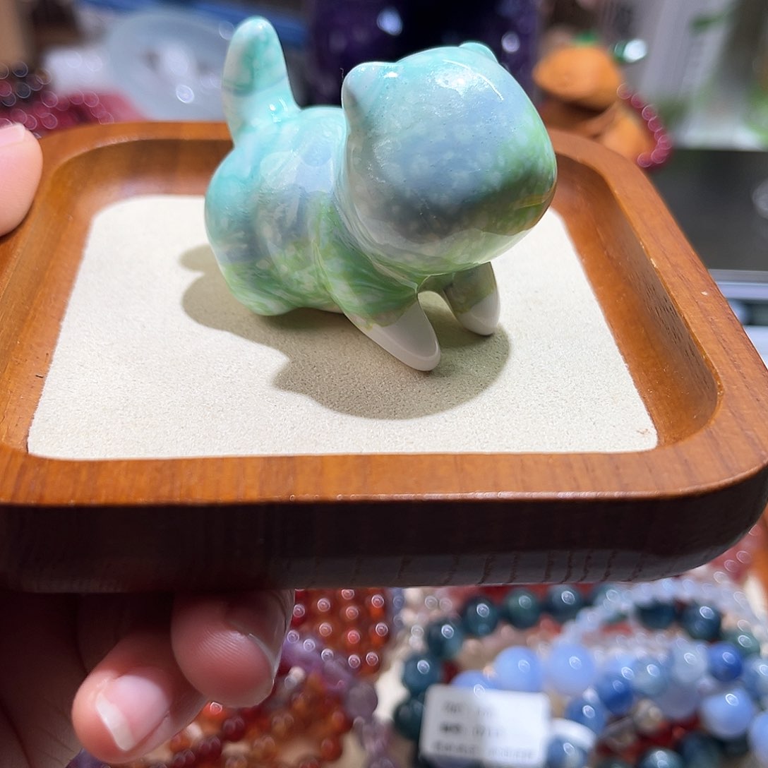 烟晶手链未镶嵌非遗大漆猫绿色