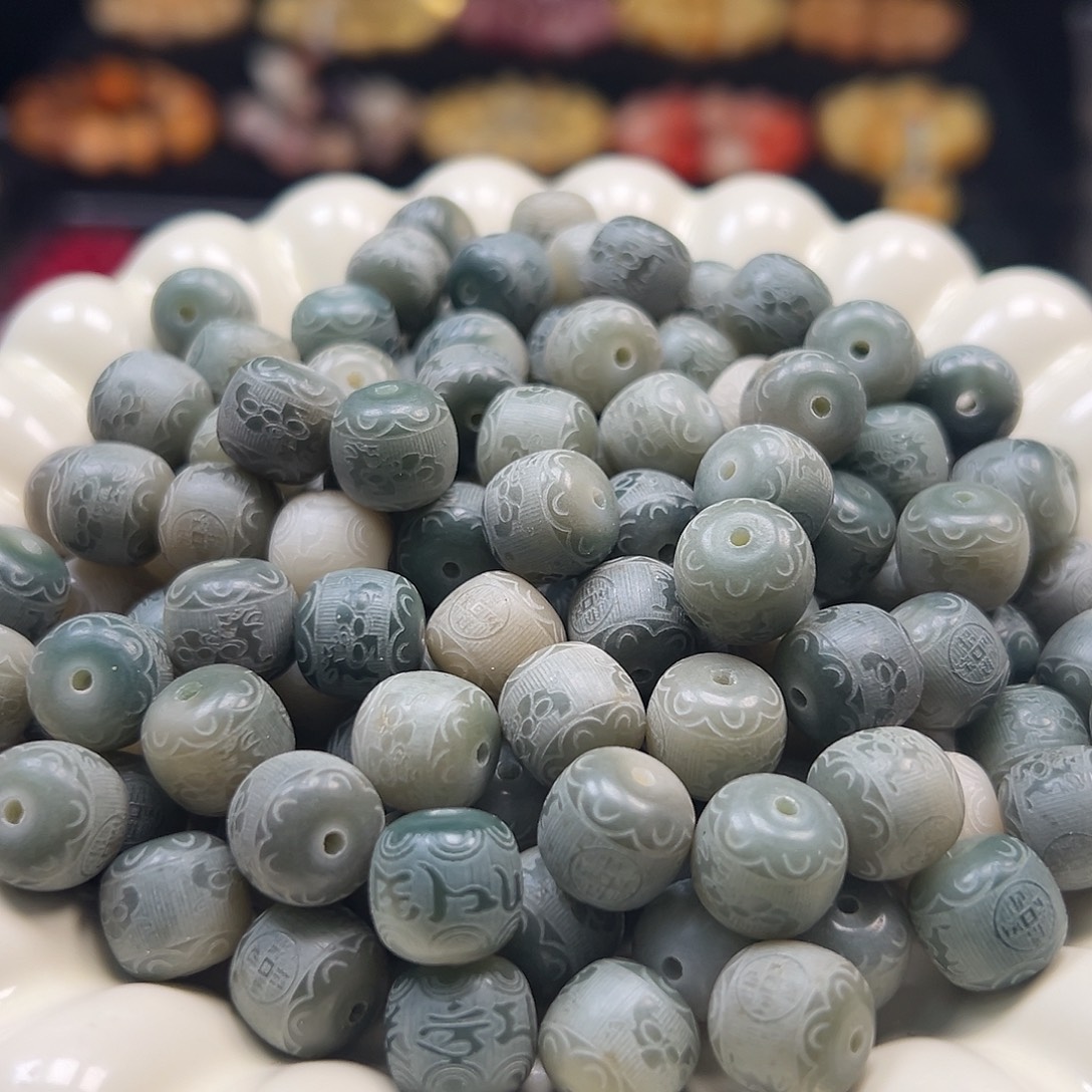 菩提根/象牙果手串卡12飘绿六字真言桶130颗
