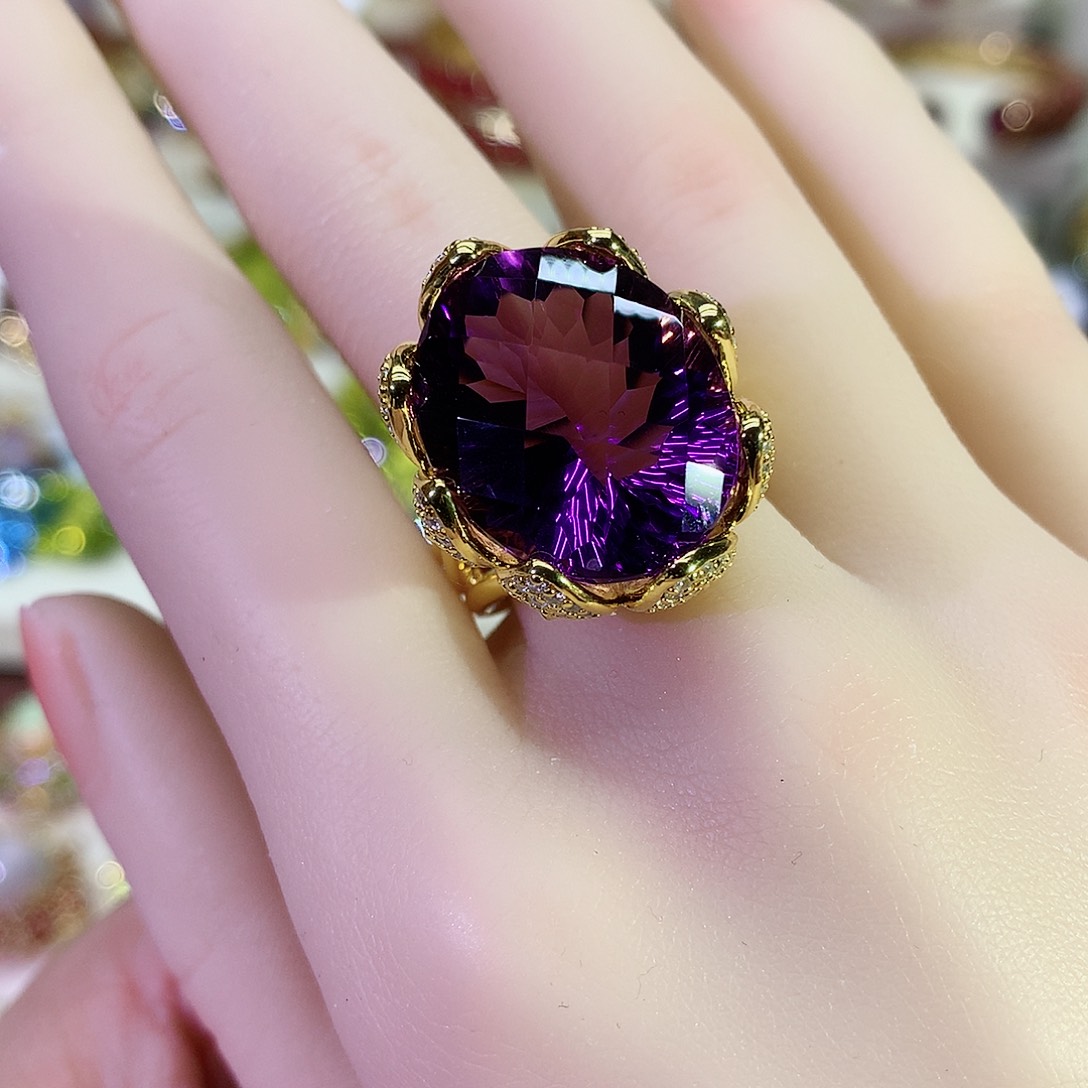 紫晶戒指银S925镀金镶嵌