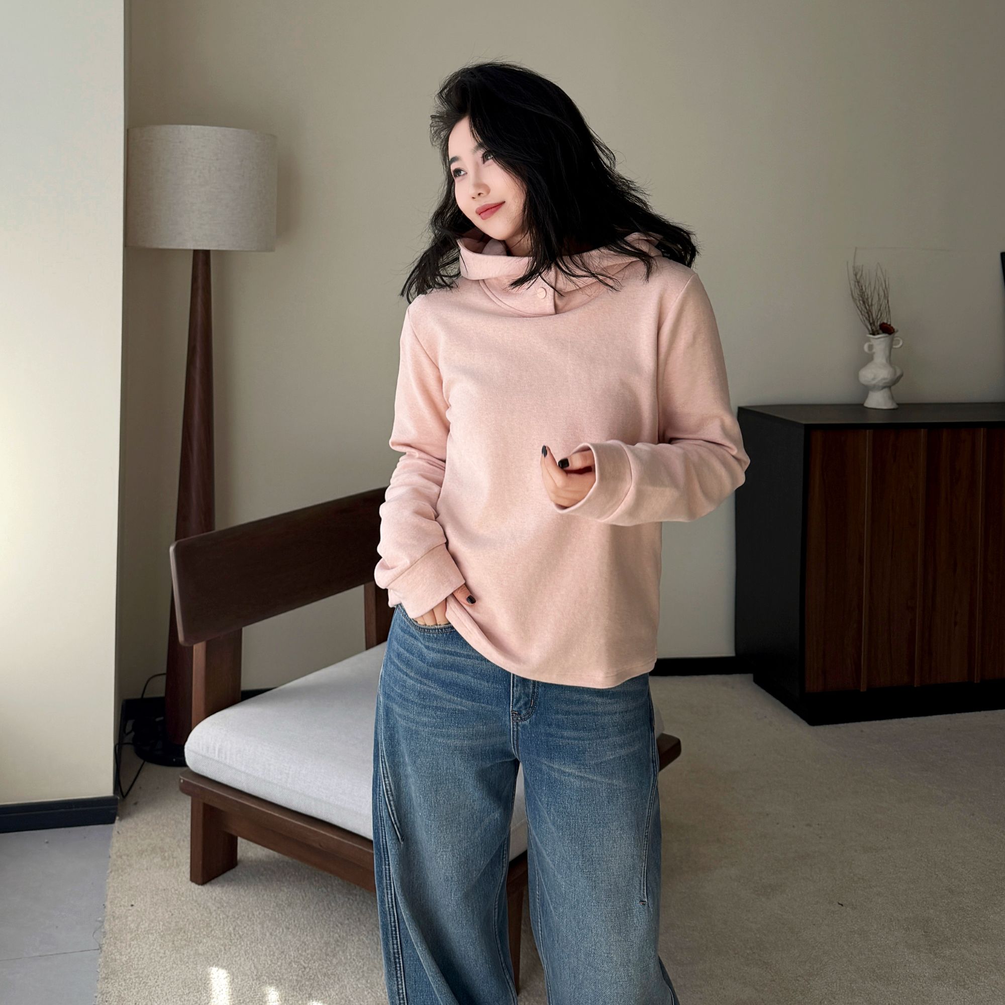 今婷秋冬时尚休闲气质百搭舒适纯色双面绒连帽打底衫女-M25404317