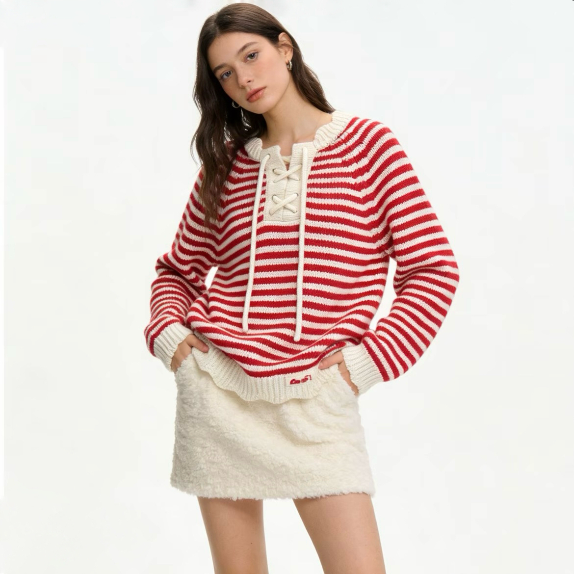 河岸家买手店OOOF YANG红色条纹绑带毛衣女针织上衣2025秋冬新款