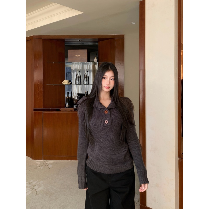 withmin凉皮  美式古早感翻领纽扣宽松慵懒高领针织毛衣 2525400
