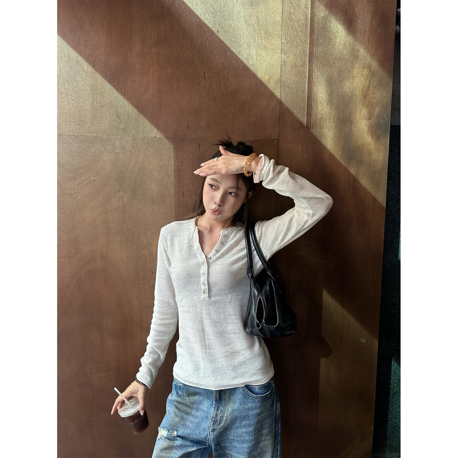 DYANGJUN【细闪波光】秋季新款棉麻混纺正肩亨利亮片上衣