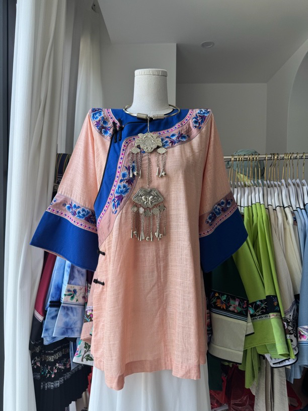 橘粉色麻料中长款上衣民族风