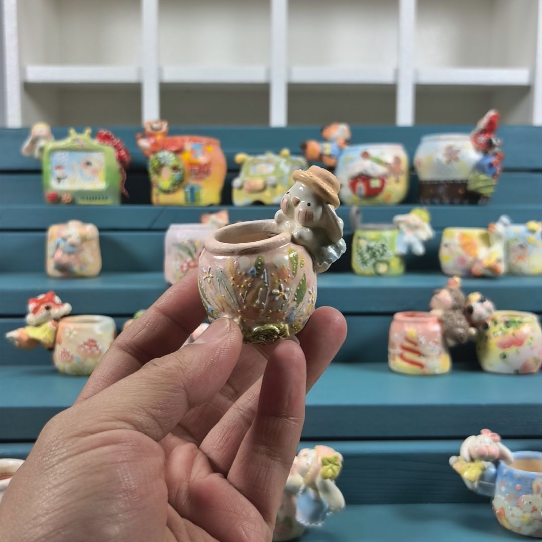 拉****礼帽小兔 手绘多肉花盆
