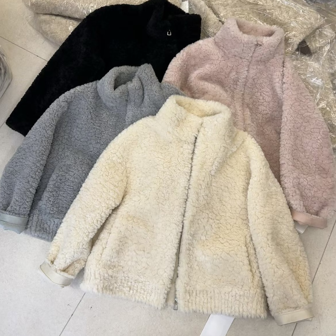 LMM 2106 冬季温柔风粉色毛毛立领外套女2025新款韩系拉链短款