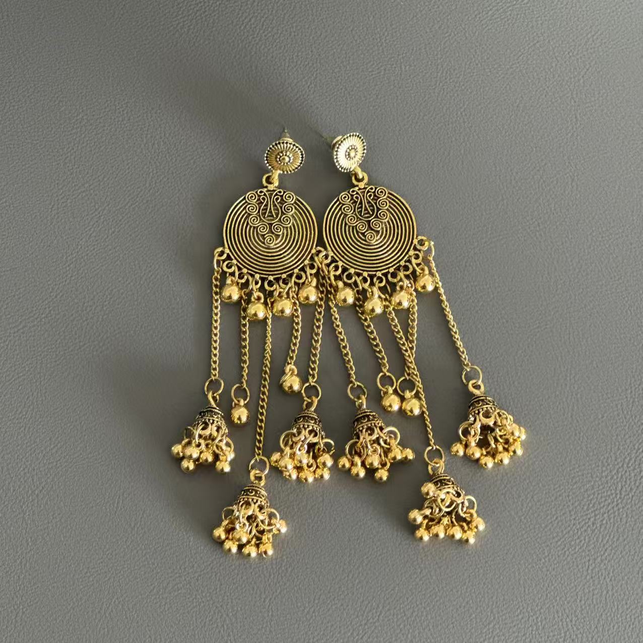 合金耳饰 普通金属0815复古几何圆盘铃铛珠子流苏长款耳环耳饰