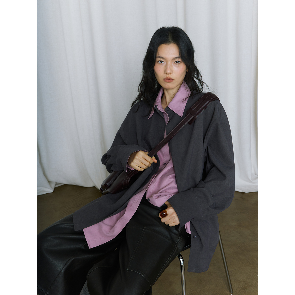 JCCC影子【水泥蔷薇】灰色撞色拼接假两件廓形中长款衬衫JE5BAC11