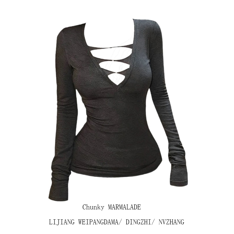 大码胖MM辣妹风V领镂空绑带长袖T恤女秋冬修身显瘦百搭打底衫上衣