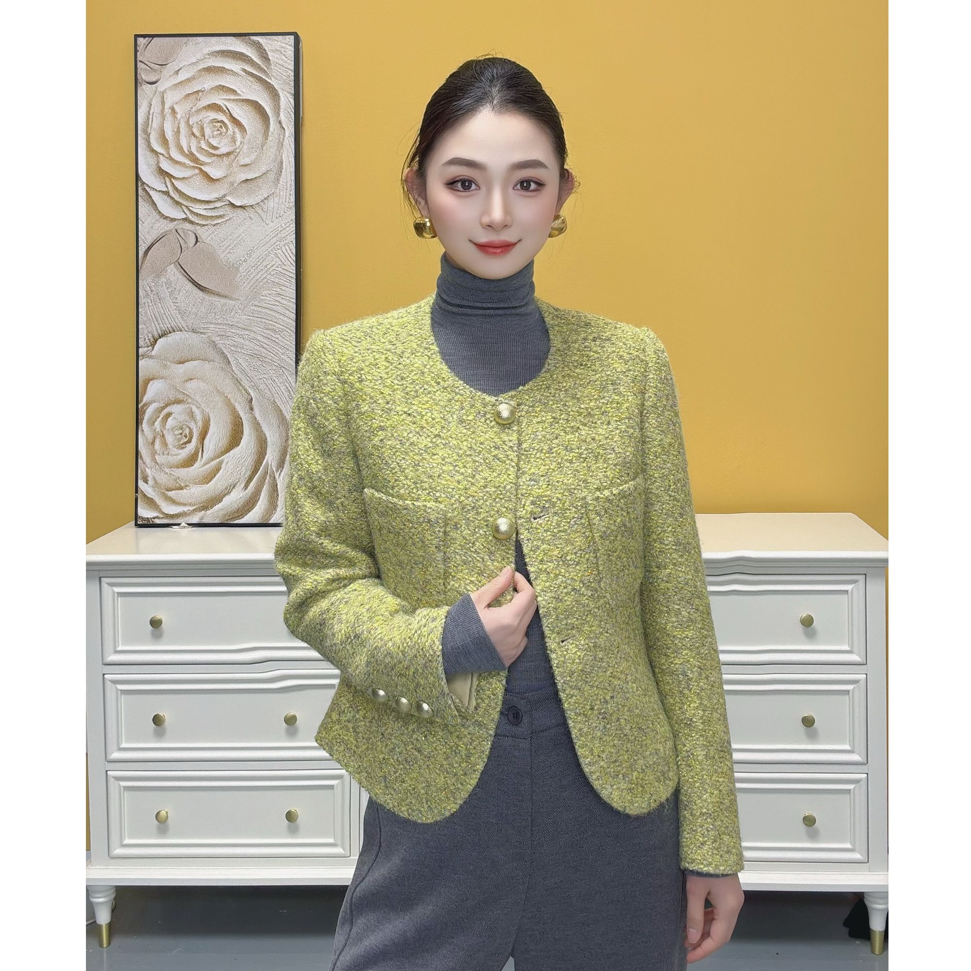 剀剀莉秋冬新款（蜜月旅行）柠檬灰时尚精致圆领小香风外套0-15度