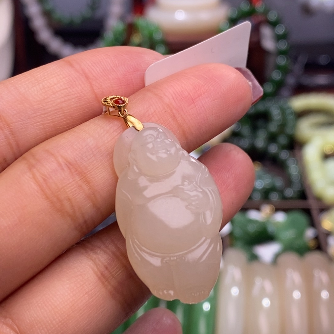 和田玉孤品补贴红粉金镶逍遥佛未镶嵌