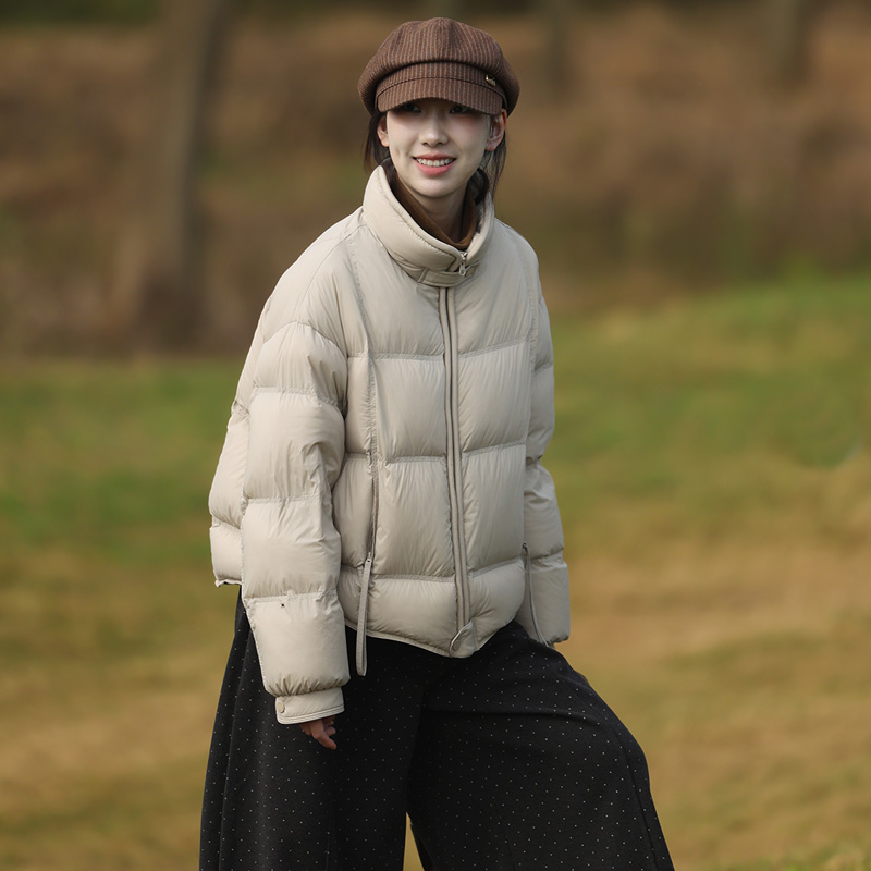 设计师款短款立领羽绒服女冬2025年显瘦90白鸭绒面包服外套