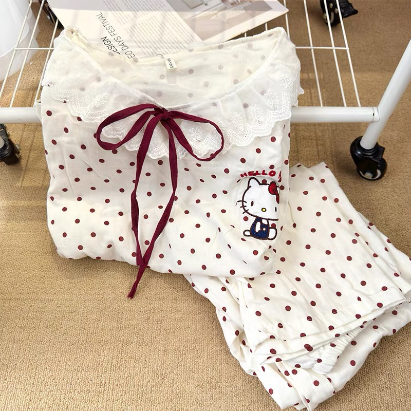 甜美可爱圆点HelloKitty睡衣女棉纱布长袖薄款春秋季新款家居服