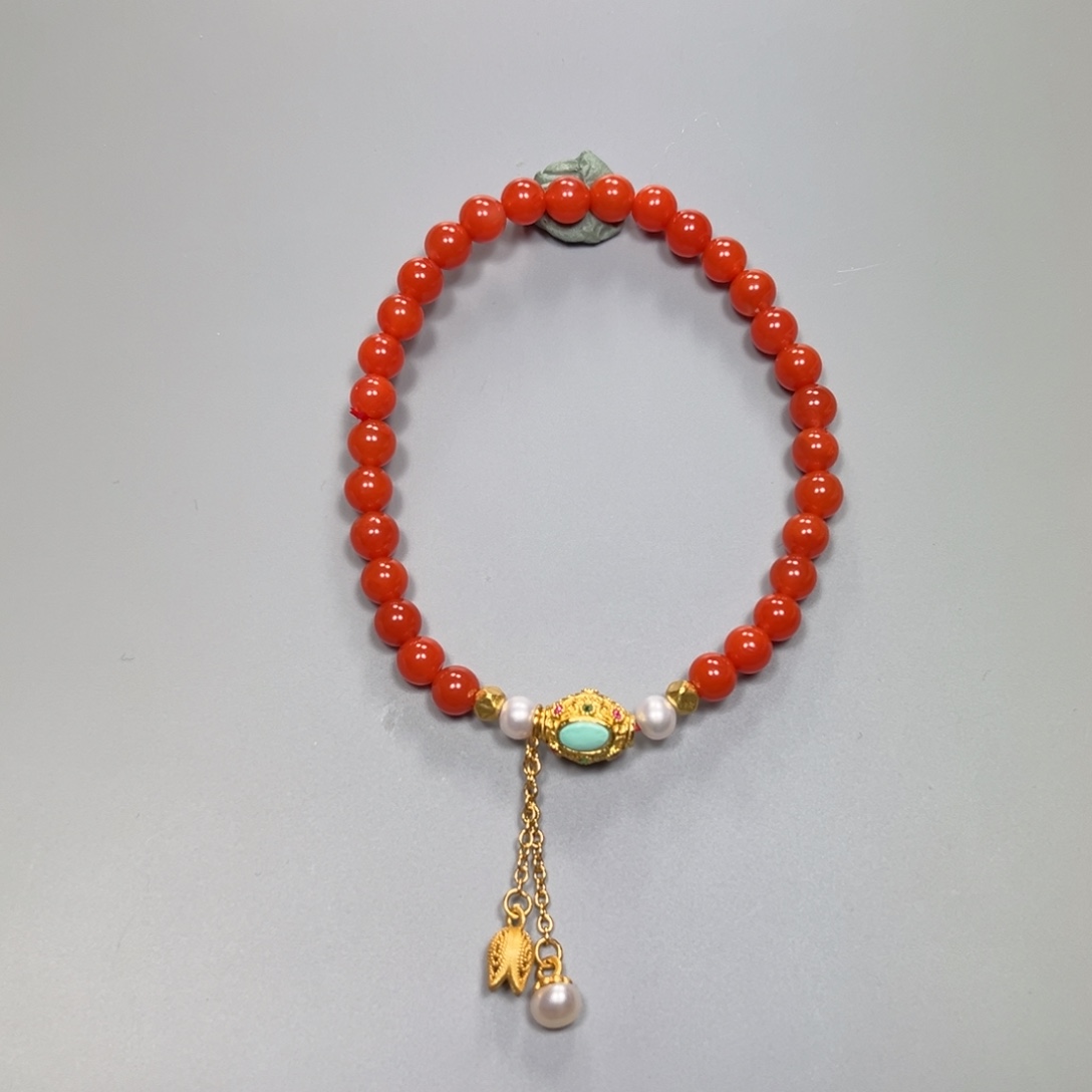 南红玛瑙柿子红DIY手串冷水河银S925镀金镶嵌