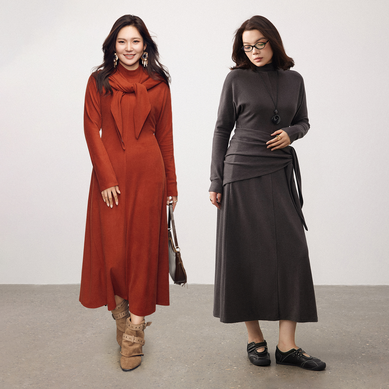 PLUSMALL 赤柚余温 慕斯仿羊绒披肩收腰蝙蝠袖连衣裙PLUS2511113