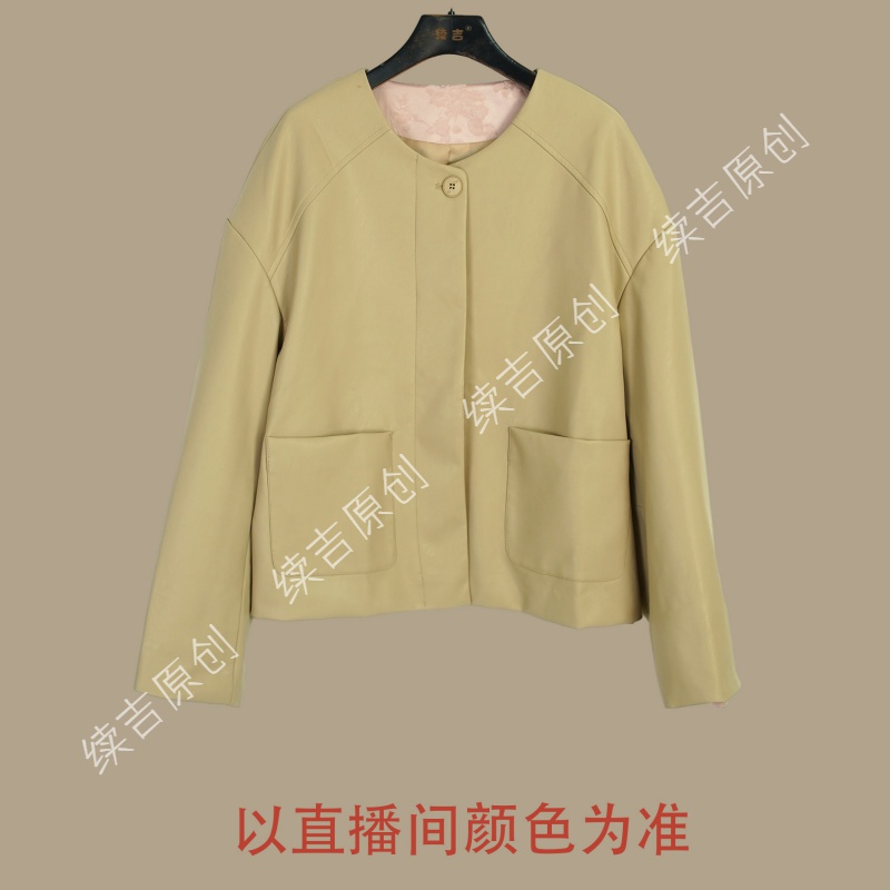 续吉出品4686｜可柔可飒｜新中式撞色皮质短款廓形圆领秋冬季外套