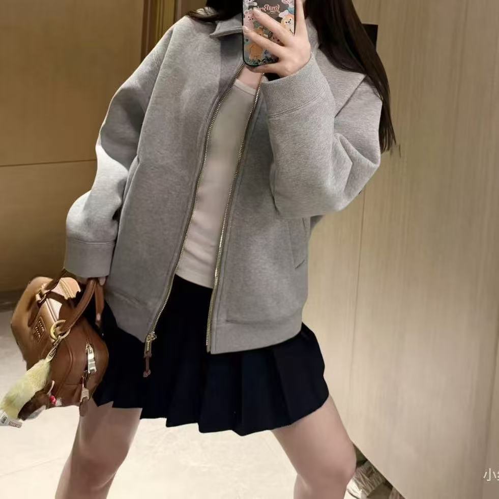 显瘦秋季宽松型网红螺纹夹克立领上衣休闲短款纯色
