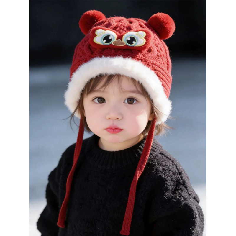 儿童冬天帽子喜庆红色新年帽男女宝宝加厚保暖护耳帽针织防风帽韩