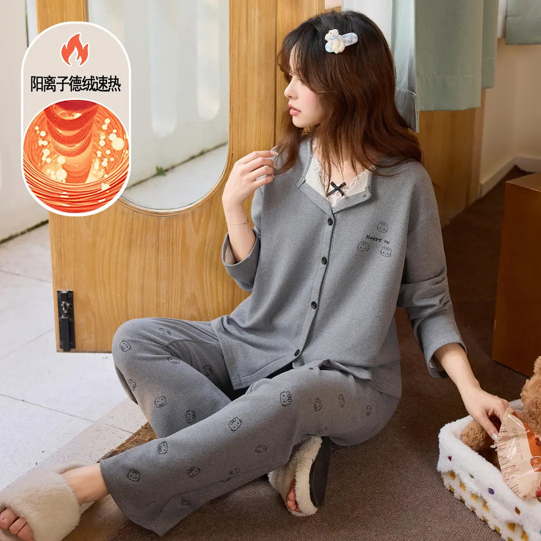 (加厚加绒）秋冬新款简约可爱风睡衣女加厚长袖开衫家居服套装E