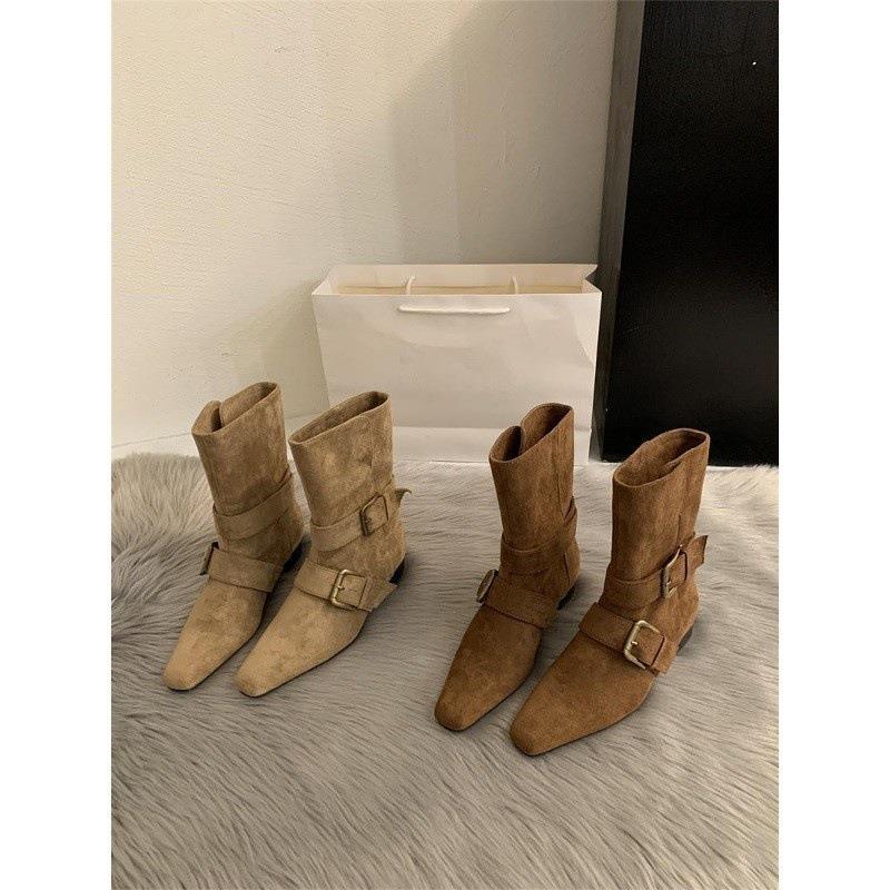 穿高跟鞋的吴大叔2025韩版新款小众设计复古法式短靴小方头西部靴