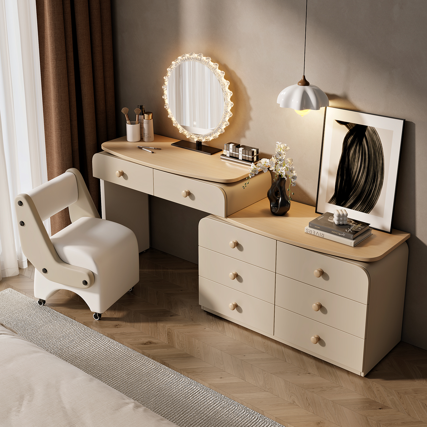 [润可萌可]实木新中式极简风双拼色梳妆台床头柜一体小户型梳妆台