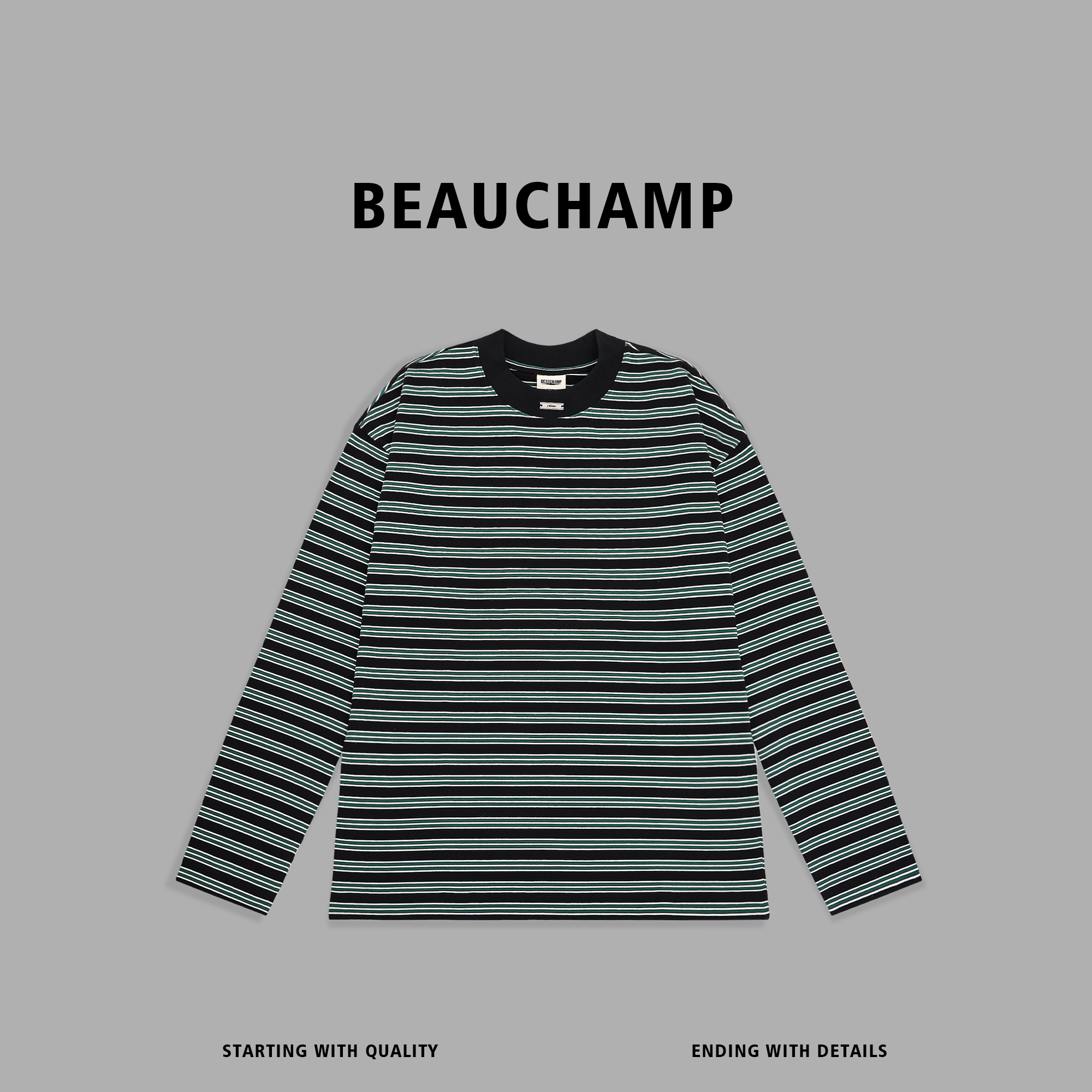 Beau champ品牌 慵懒设计感复古条纹长袖休闲宽松套头上衣 9101#