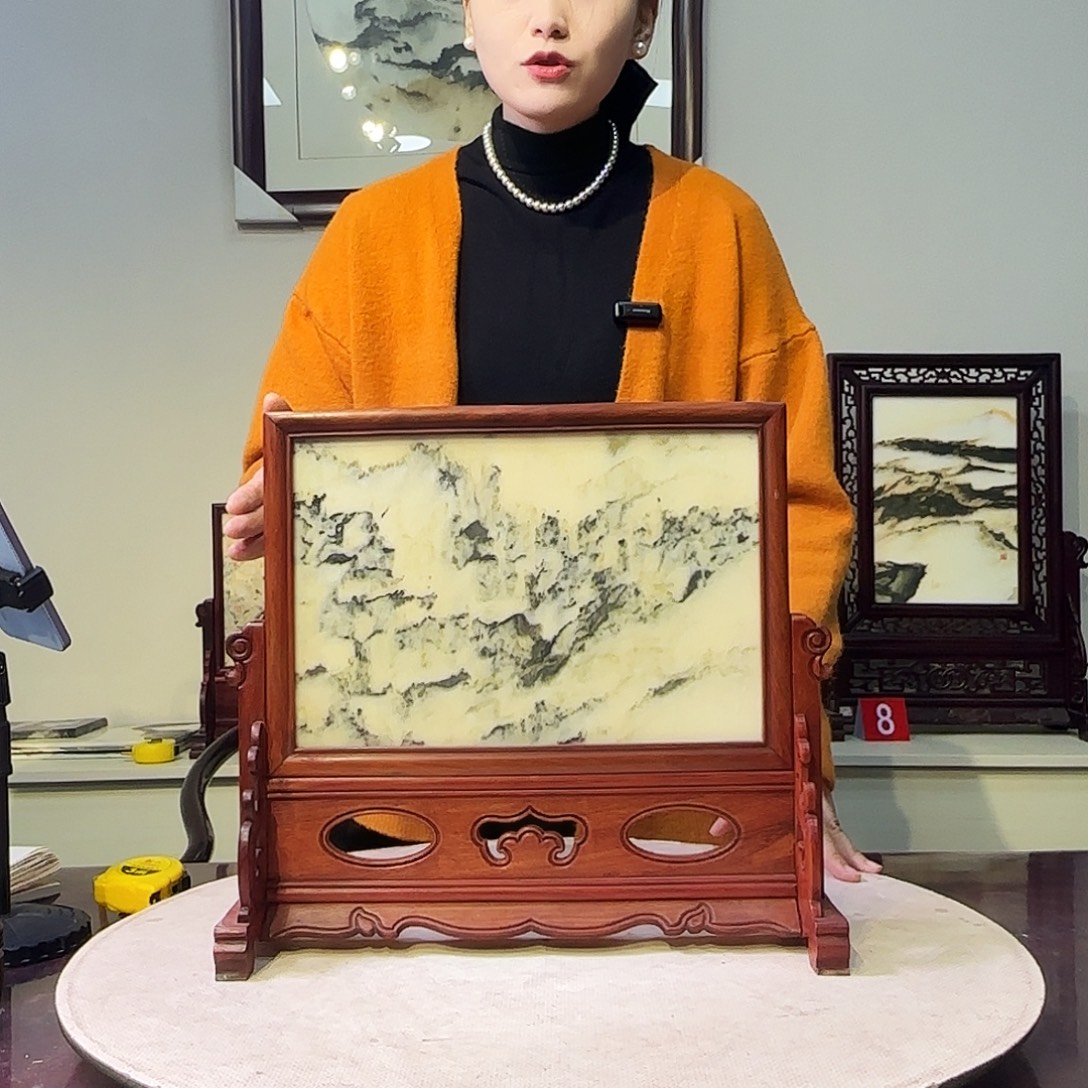 石材37×33天然大理石画屏风摆件