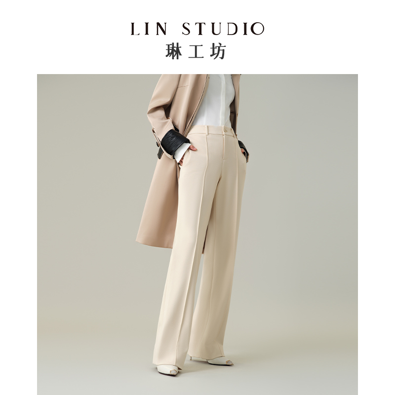 【裤子】琳工坊玉袖燕麦色长裤气质直筒裤显瘦时尚通勤职场唐琳设计