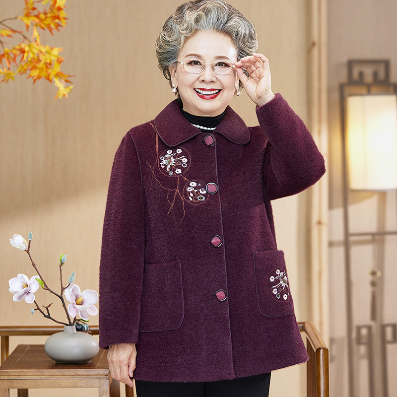 奶奶秋装加棉外套中老年人妈妈冬季加厚呢子上衣国风老太太衣服