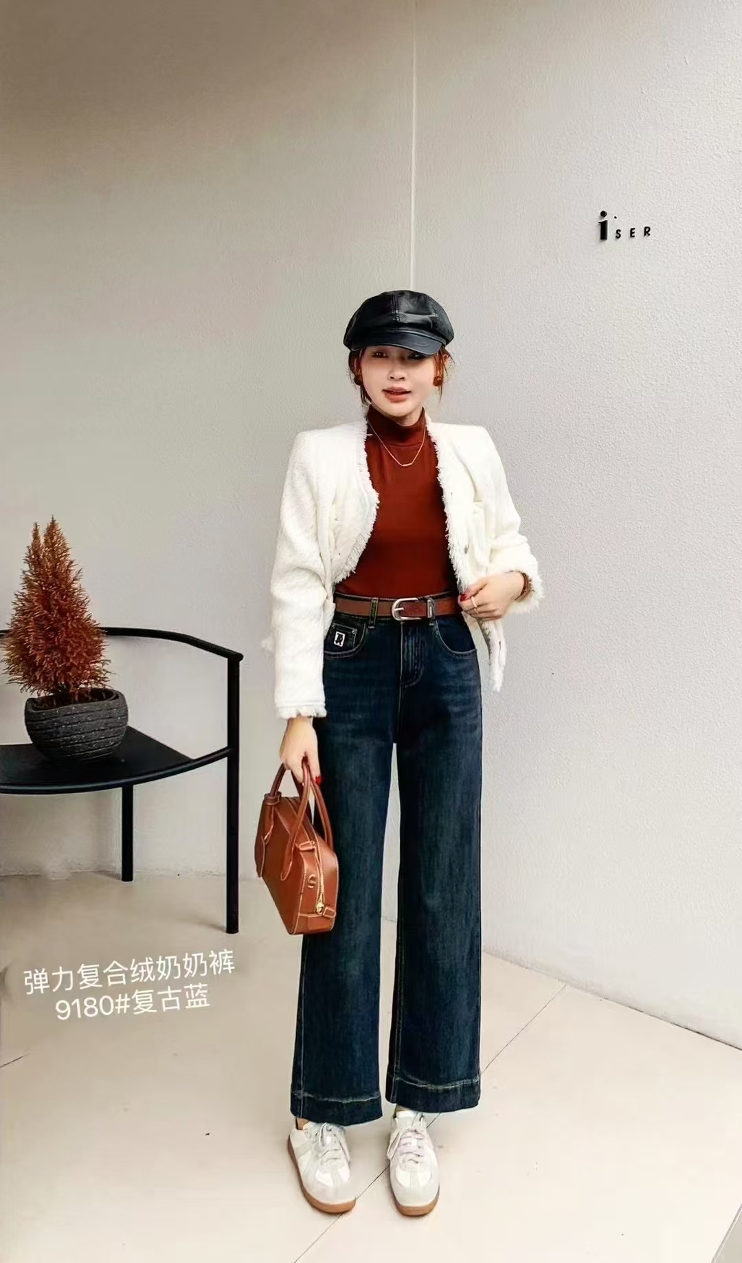 尹复古蓝阔腿牛仔裤女秋冬季加绒加厚直筒裤小个子高腰宽松九分裤