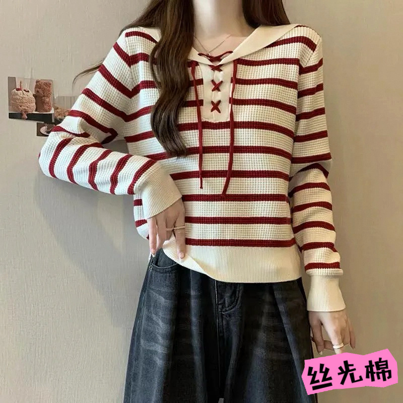 条纹系带海军领长袖针织衫女2025秋季减龄洋气打底衫外穿秋冬毛衣