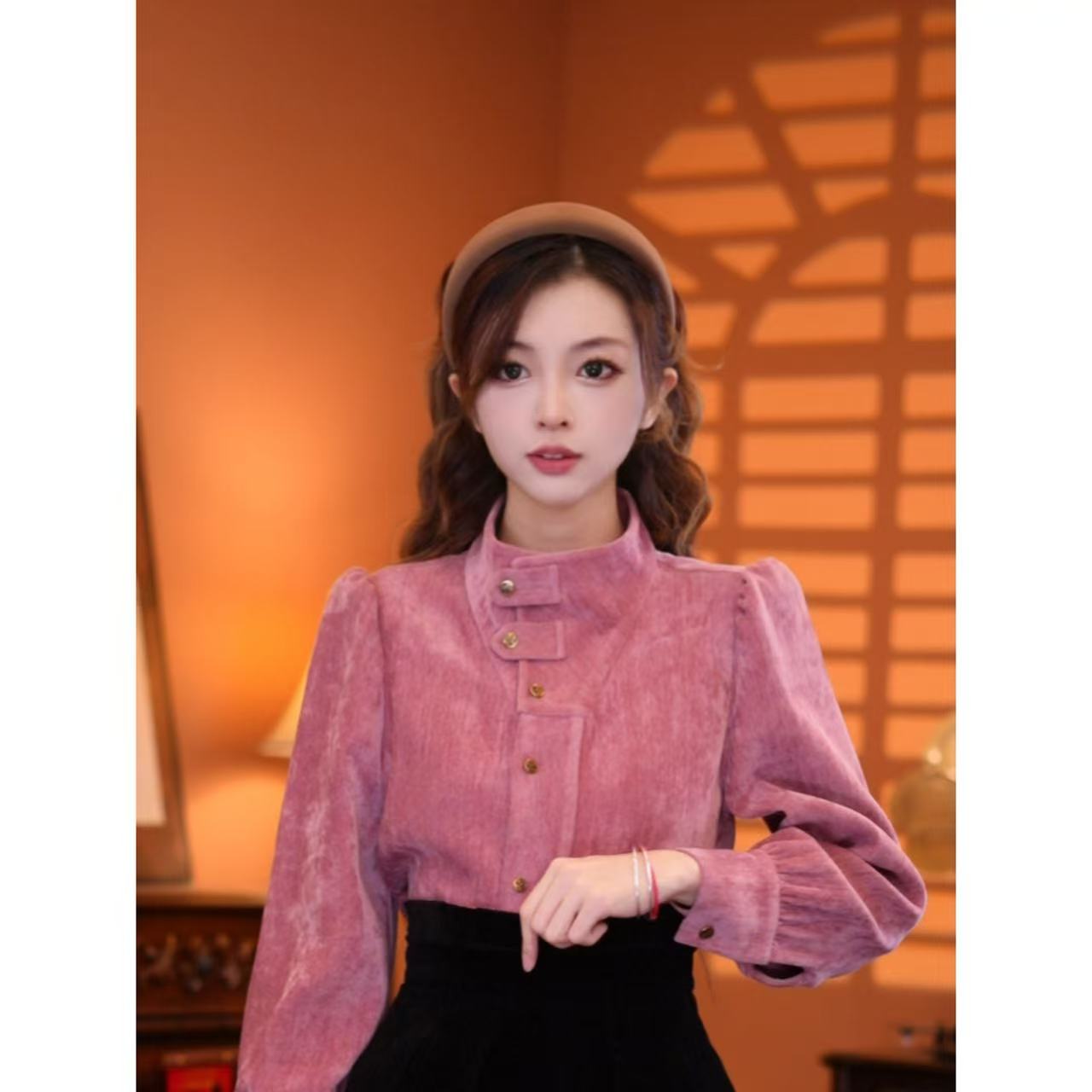 乐乐【豆沙甜心】港风显瘦设计感减龄衬衫上衣01298