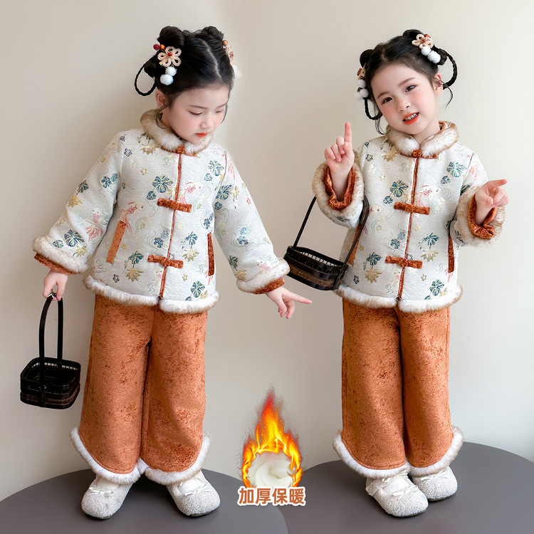 女童汉服套装冬季新款儿童夹棉加厚新中式两件套中国风唐装拜年服