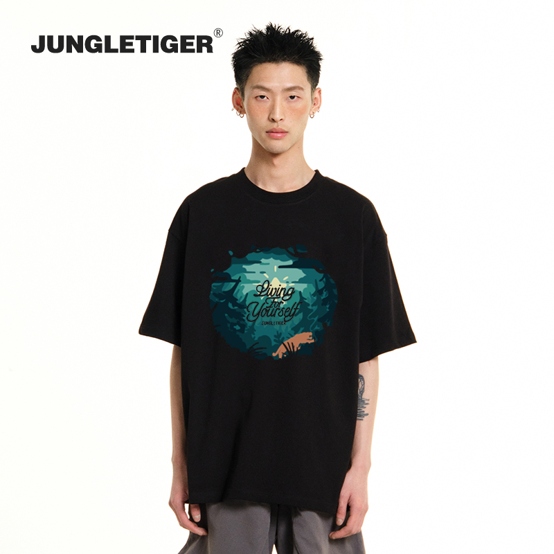 丛林老虎国潮数码直喷黑色短袖t恤男风景印花纯棉260g重磅半袖潮