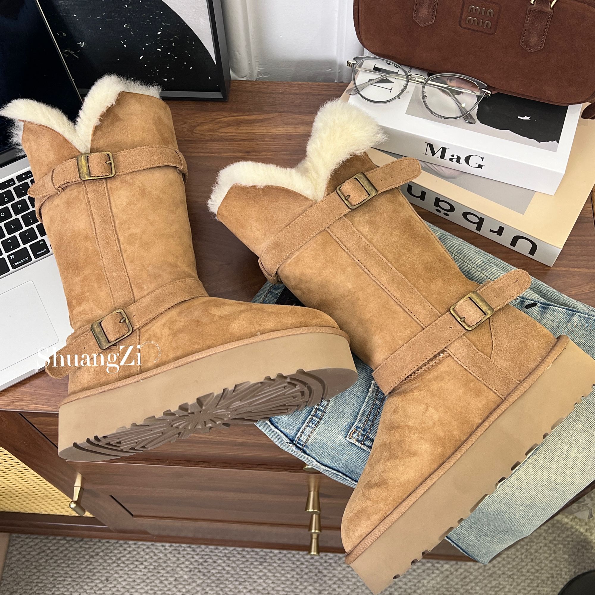 2025新款厚底4公分骑士靴皮毛一体桑坡雪地靴5658