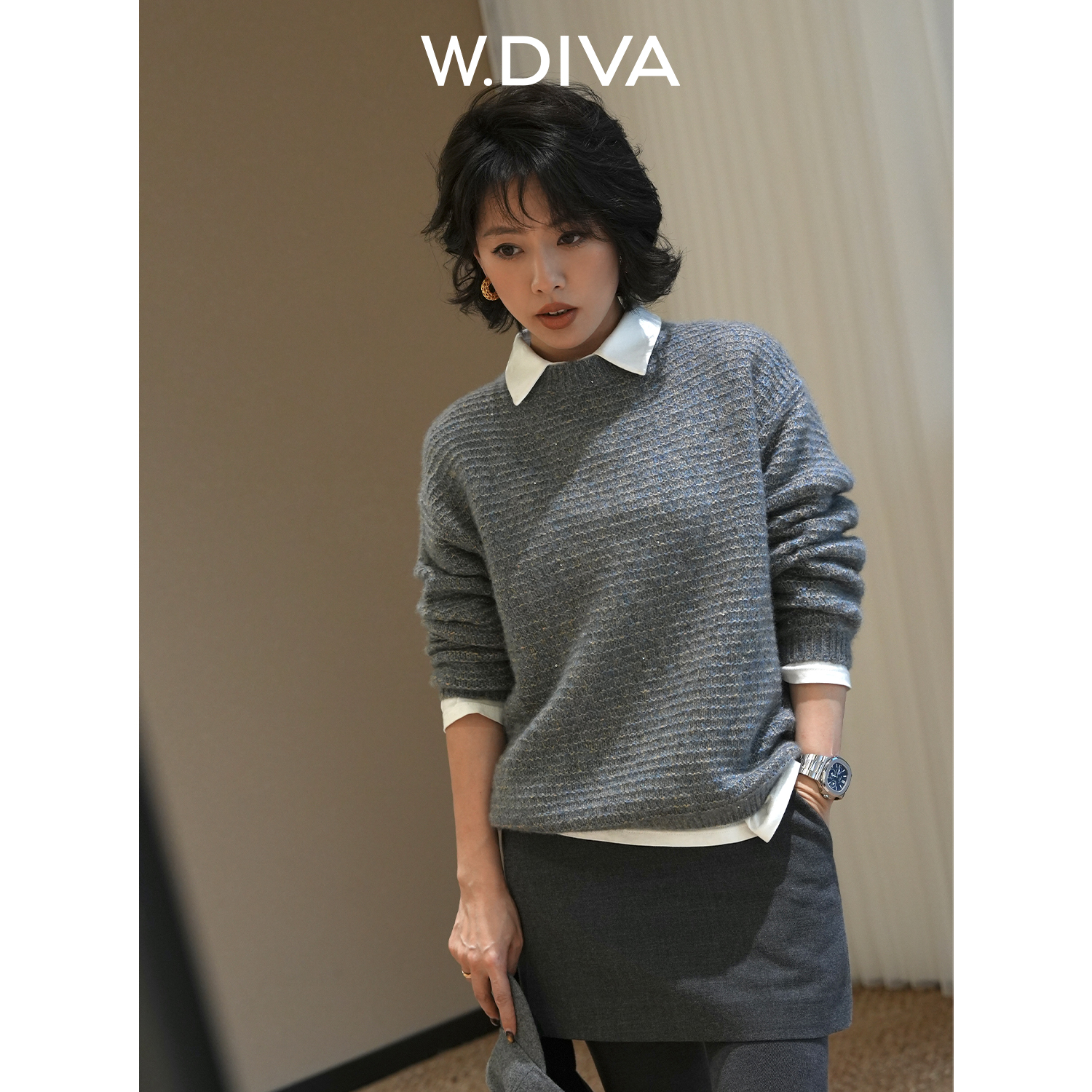 W.Diva【小资羊绒】慵懒感肌理山羊绒桑蚕丝混纺长袖毛衣DWZWSL0169