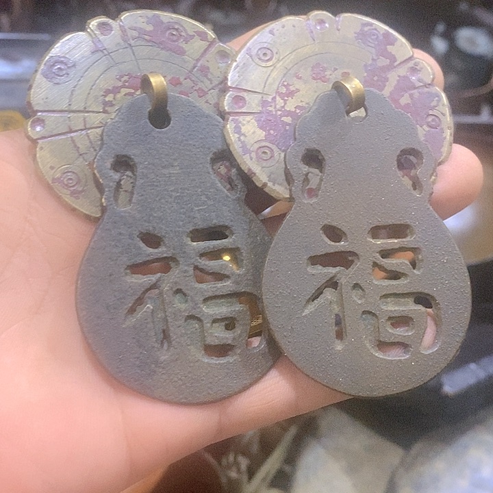 杨***心砖雕老物件铜拉手一对