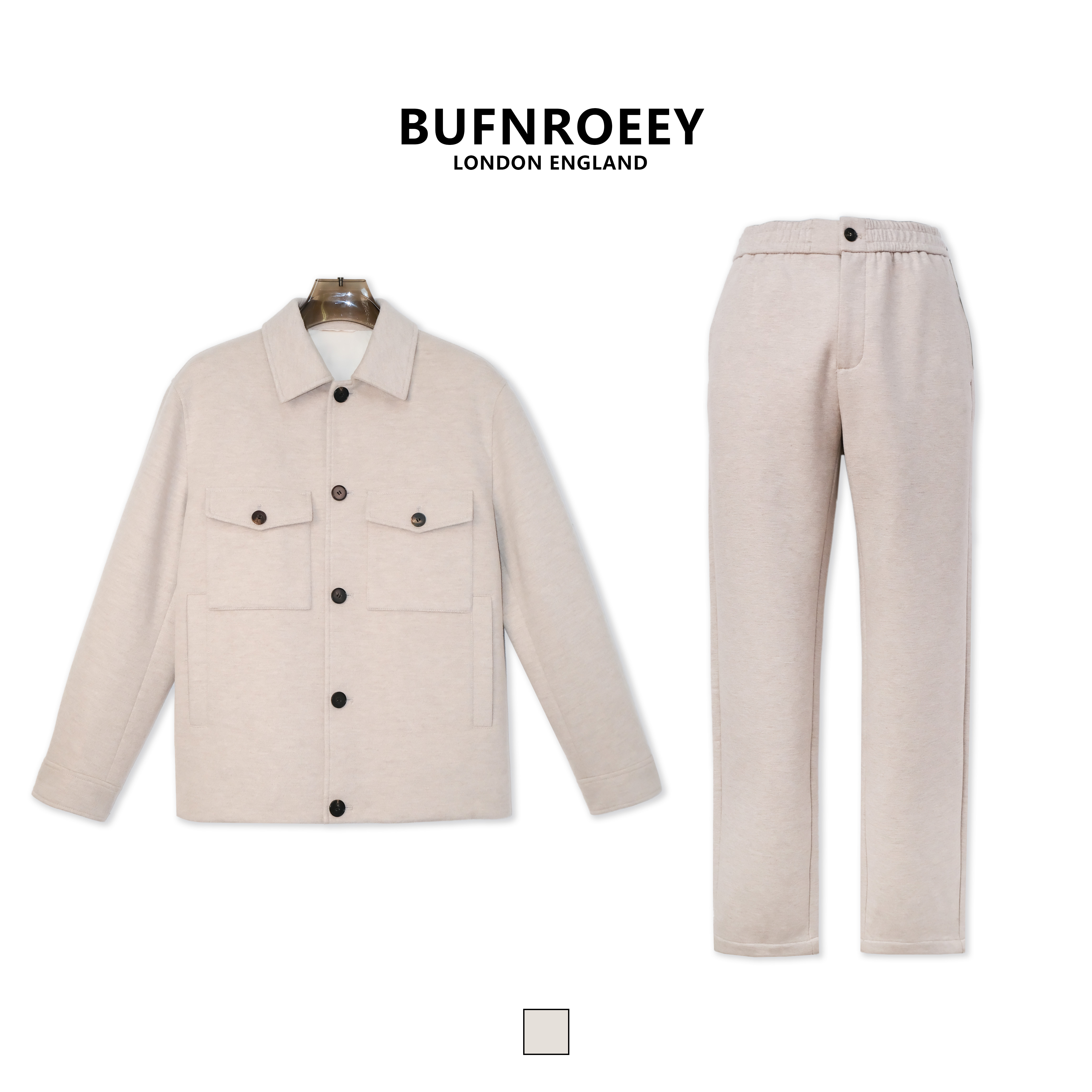 BUFNROEEY【鹅绒双口袋套装】杰N亚同款山羊绒桑蚕丝老钱风男士长袖