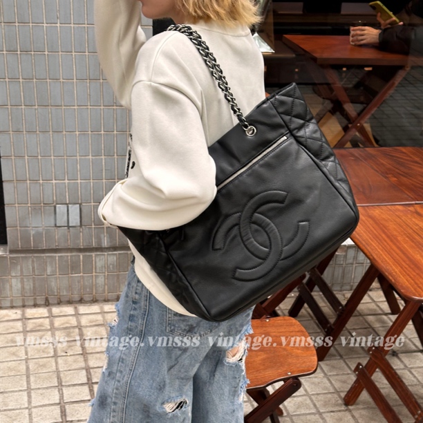 99新 Chanel/香奈儿 双c托特黑色牛皮单肩包 14开 /46346