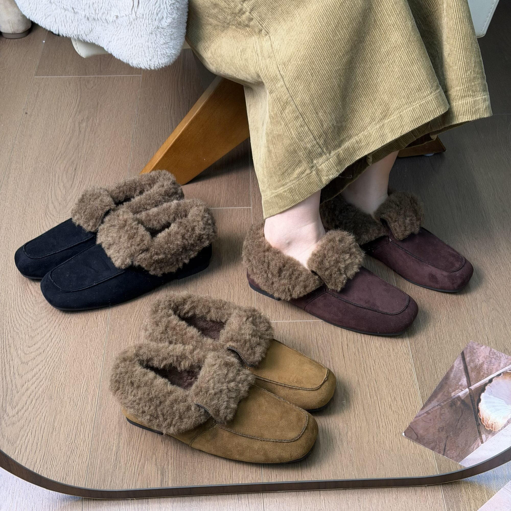 内增高复古绒面方头翻毛乐福鞋女2025年冬季新款毛毛单鞋 3958-3