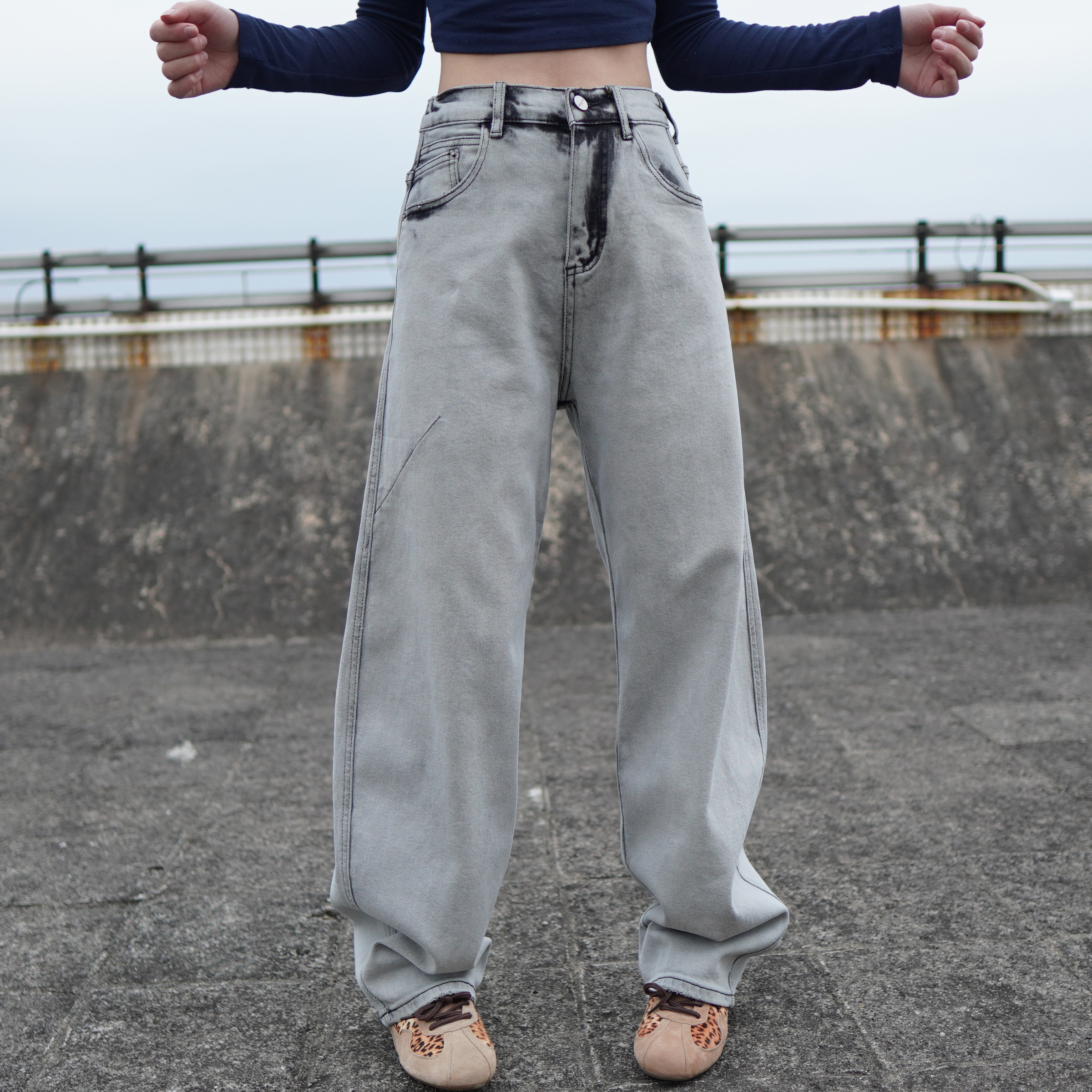 爆款春款水洗弯刀裤拖地裤高腰显瘦8316百搭软牛仔裤女宽松大码