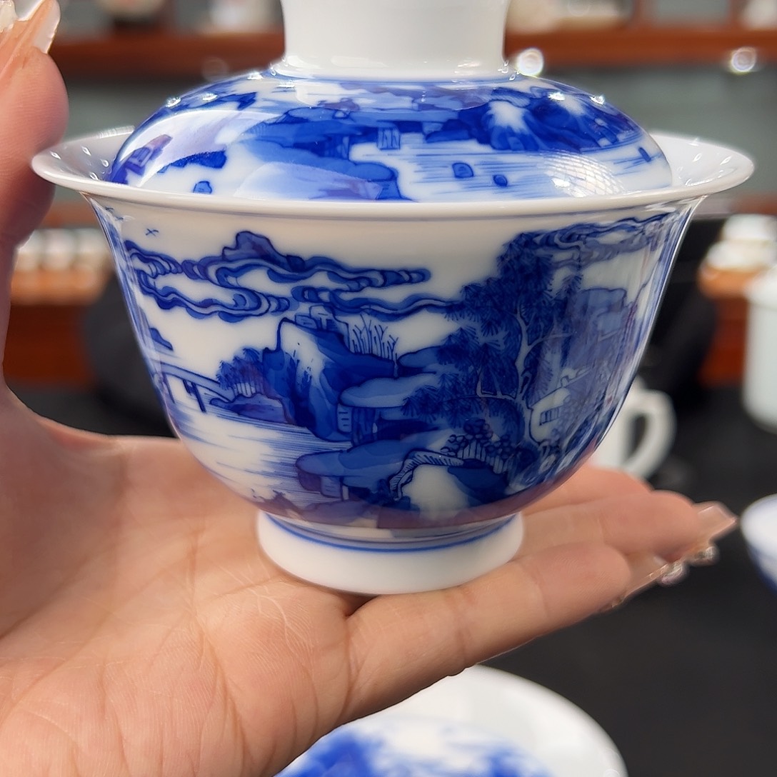 柴窑青花康熙山水二才盖碗