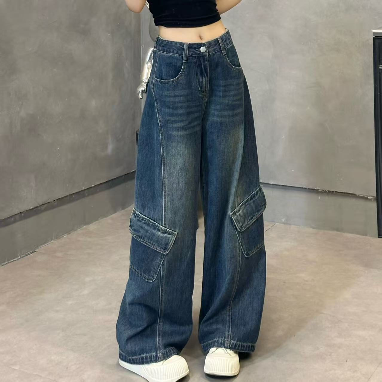 美式弯刀阔腿工装裤秋季新款高腰显瘦百搭直筒裤牛仔裤女7632 G