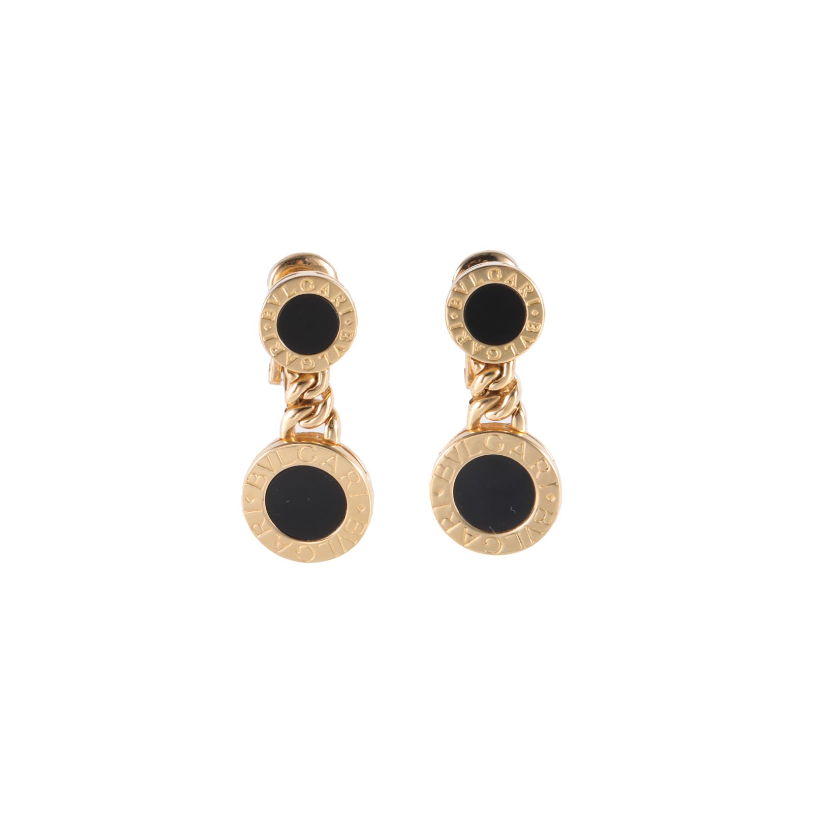 95新 BVLGARI/宝格丽 大头活动 缟玛瑙 黄金 双黑饼 耳环